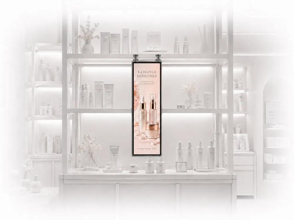 Vertical bar display in a cosmetics and beauty store