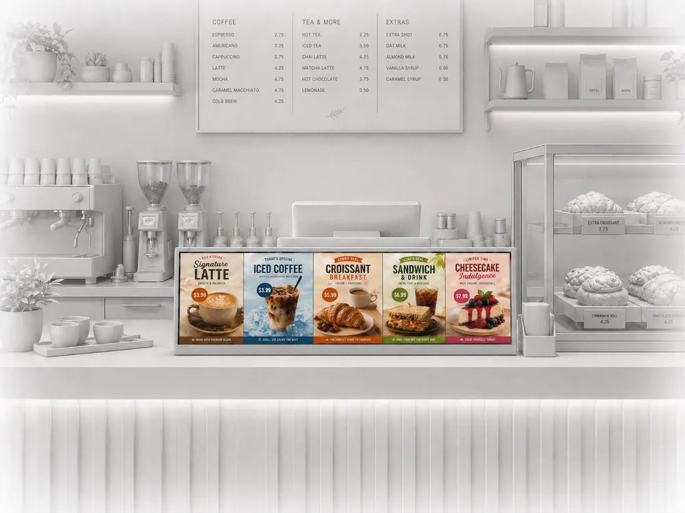 Stretched bar menu display above a café counter