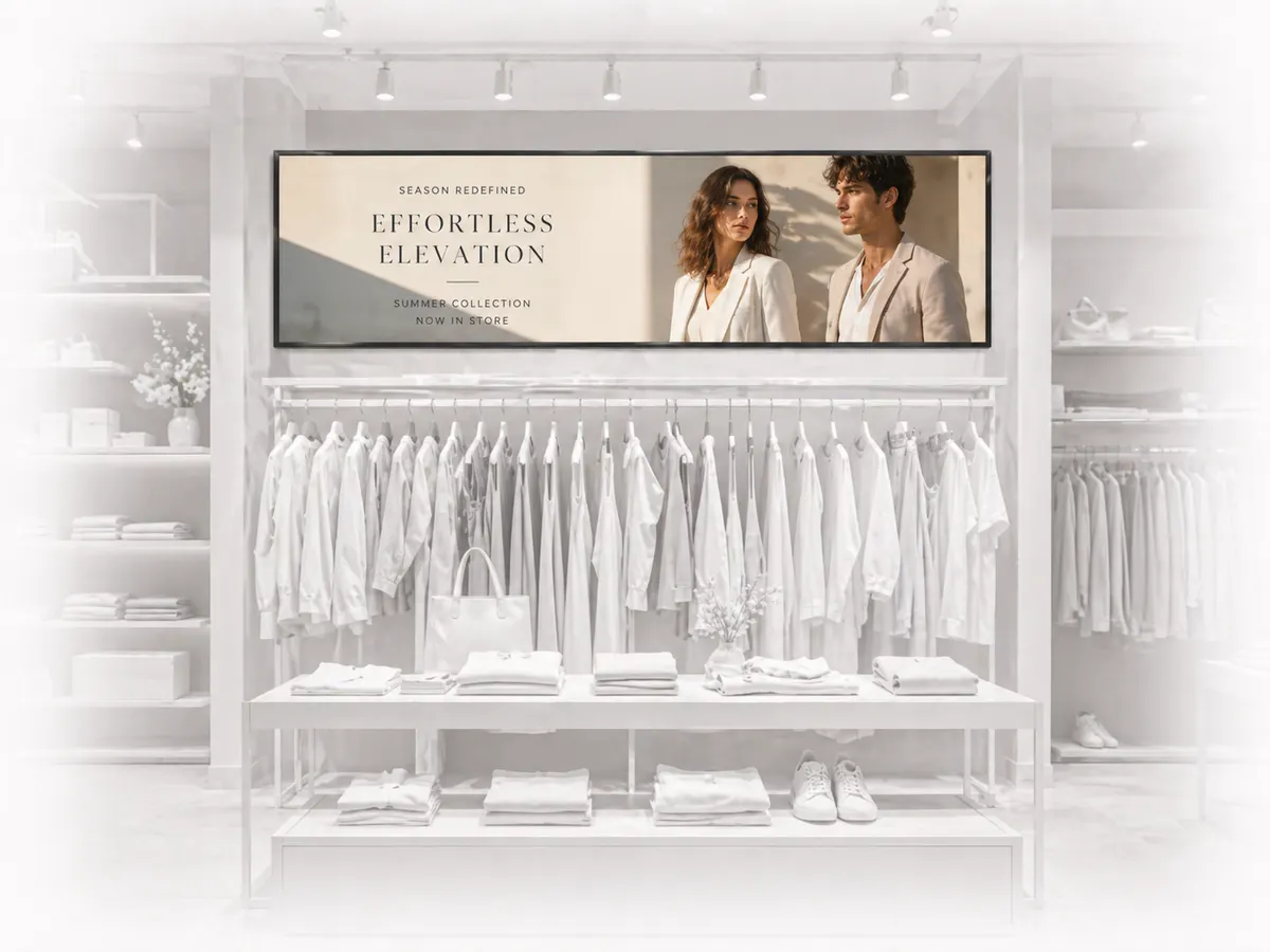 Stretched bar display above clothing racks in a luxury fashion boutique
