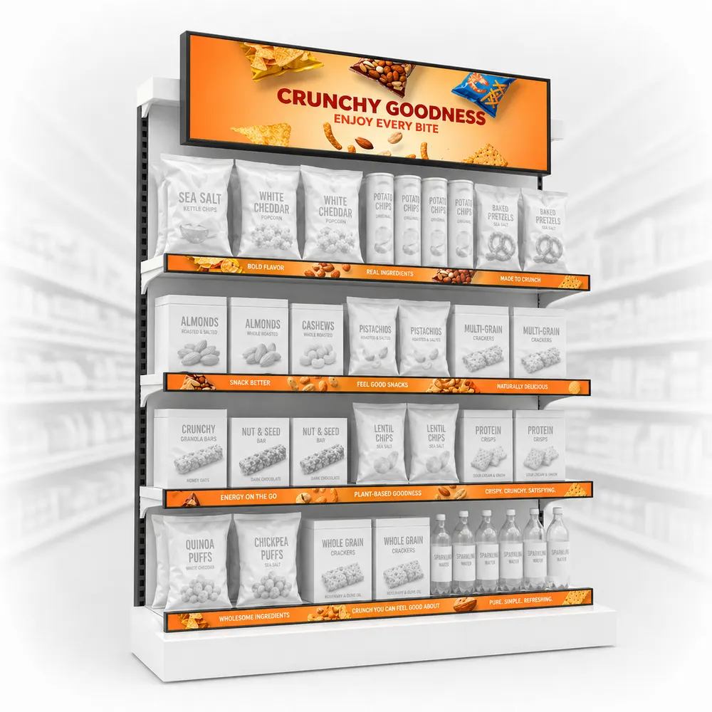 Shelf-edge bar display promoting snacks in a grocery store aisle