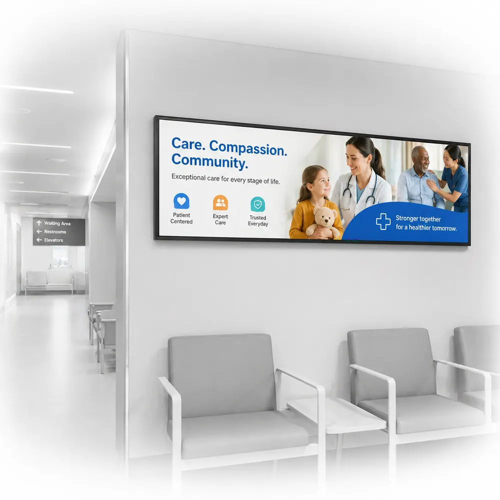 Wide digital display in a healthcare waiting room